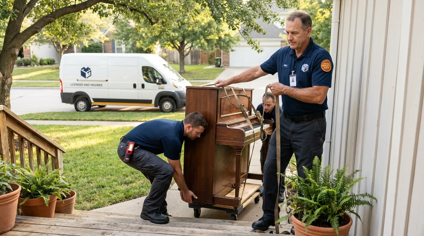 Licensed piano movers securing grand piano in Manton, MI