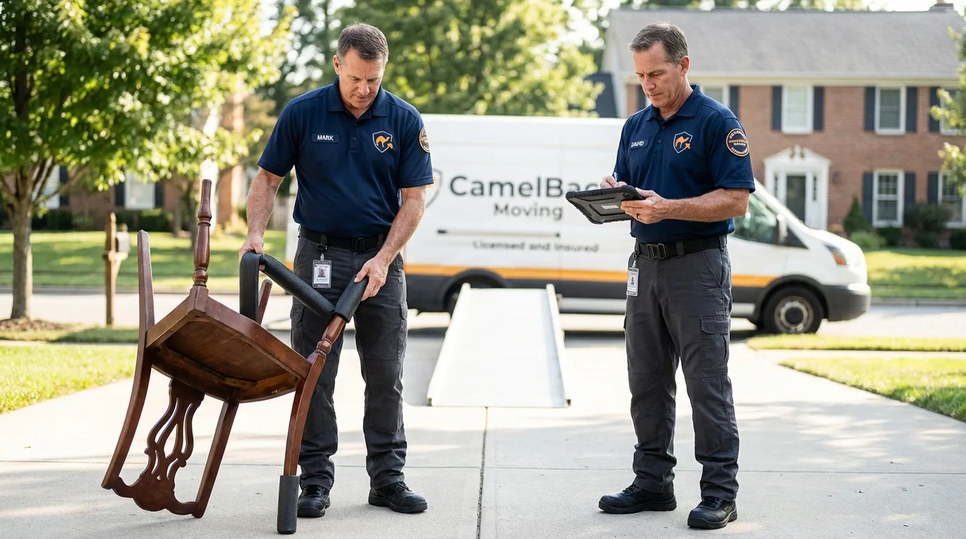 Movers inspecting furniture for damage prevention before loading in Manton, MI